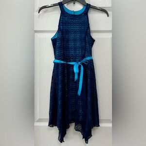 Zunie Navy Lace Kids Dress with Teal Belt